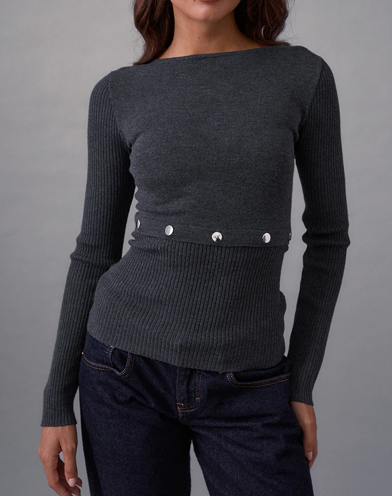 Josa Long Sleeve Knit Top in Dark Charcoal with Studs
