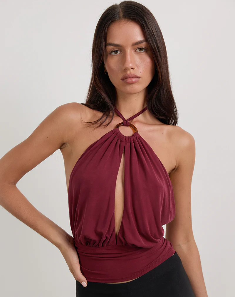 Karise Plunge Top in Cupro Dark Red
