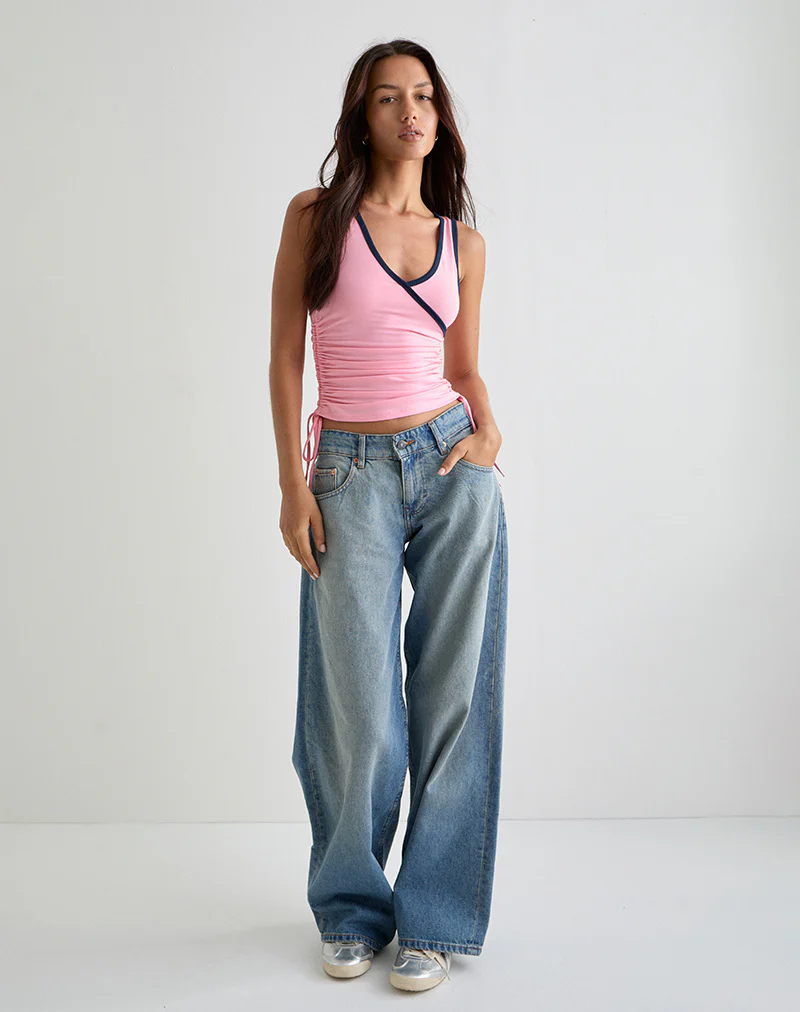 Laird Wrap Top in Ballet Pink with Navy Binding