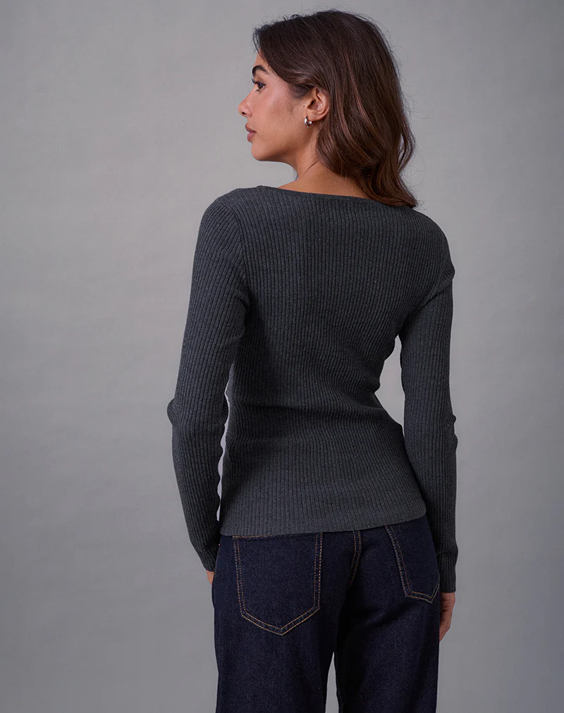 Josa Long Sleeve Knit Top in Dark Charcoal with Studs