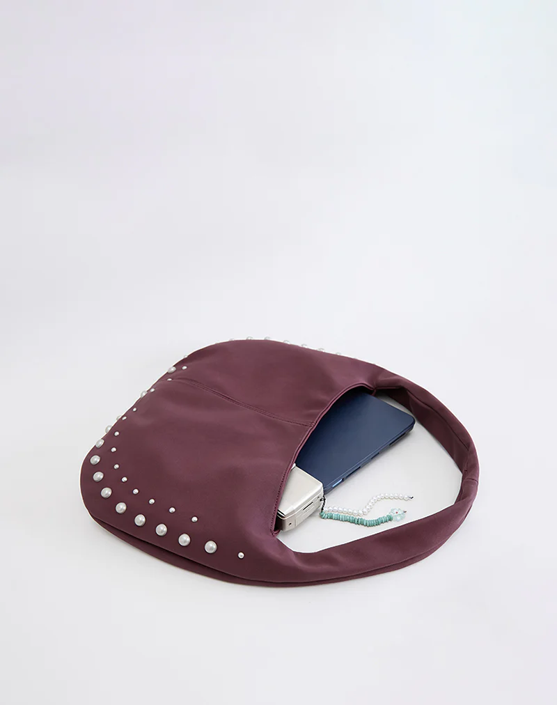 Studded Slouch Bag in Burgundy
