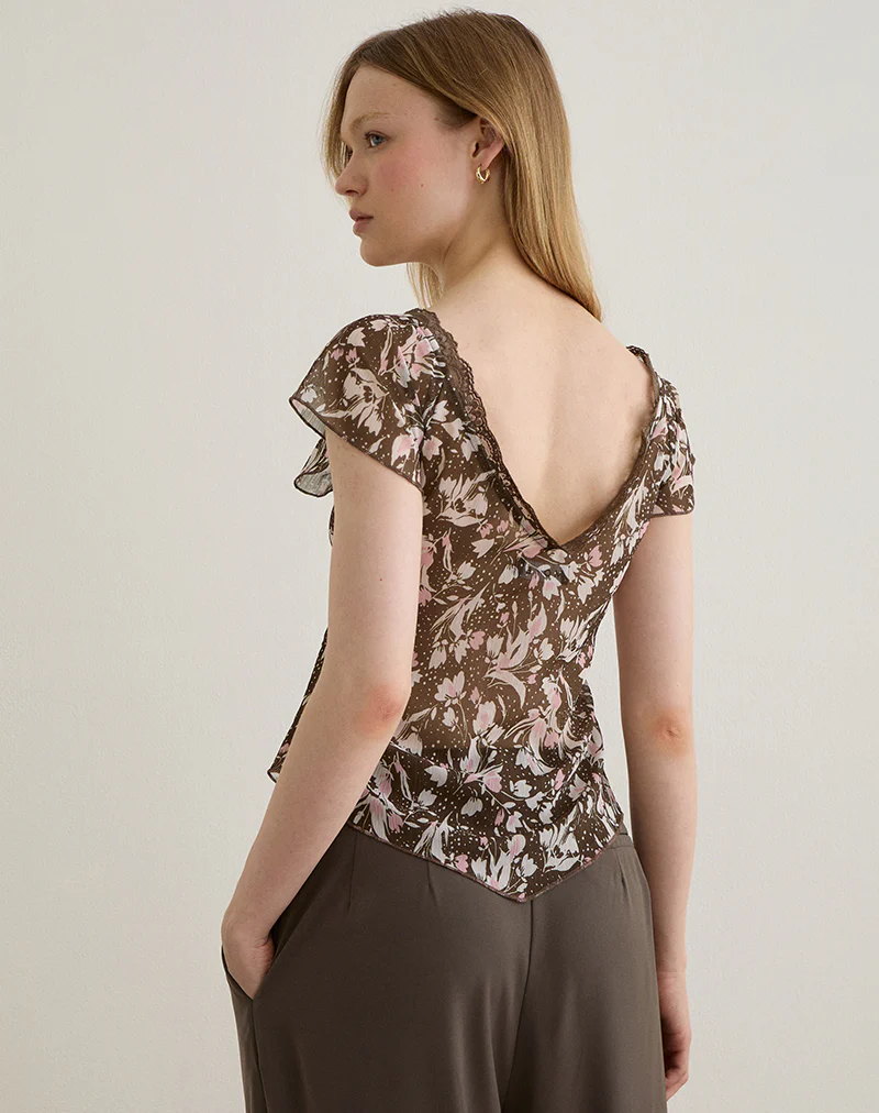Misaki Top in Chiffon Polka Flower Brown