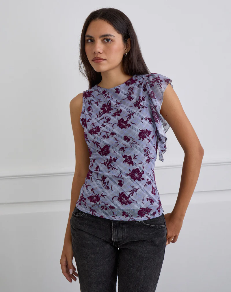 Soyan Asymmetrical Top in Lotus Flock Check Lavender