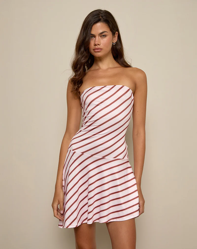 Kagari Mini Dress in Diagonal Stripe Pink