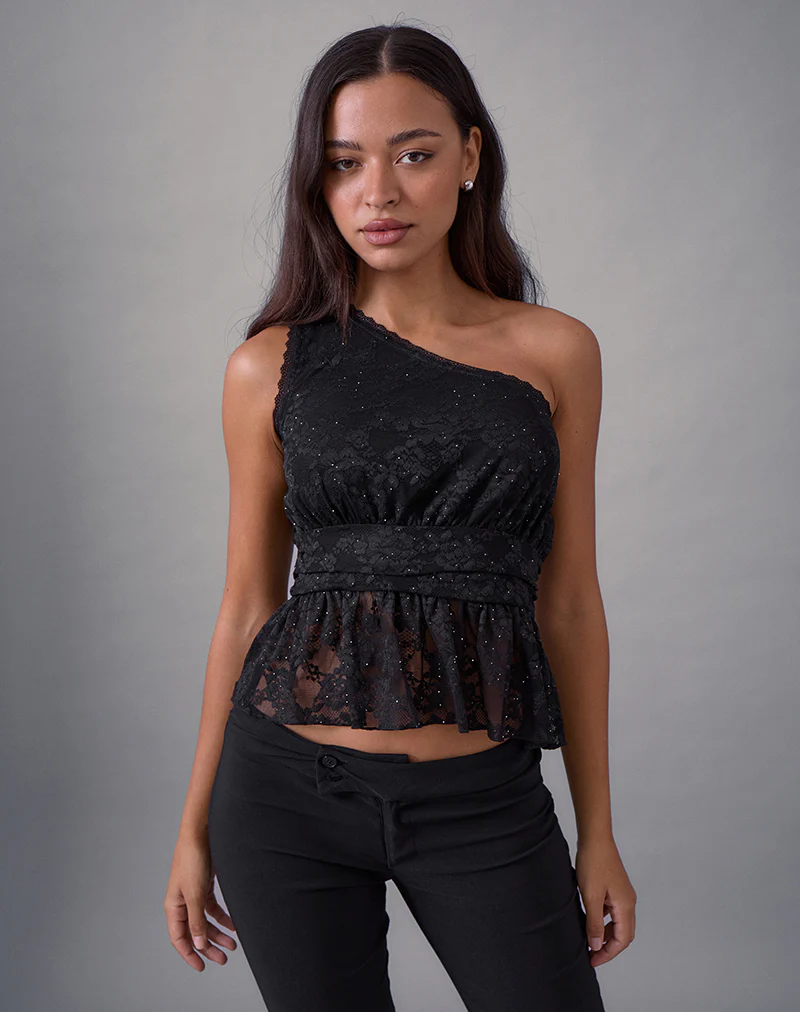 Sayong One Shoulder Top in Floral Lace Black