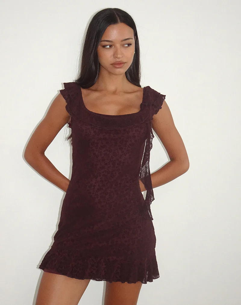 Rolita Mini Dress in Ditsy Flock Burnt Maroon