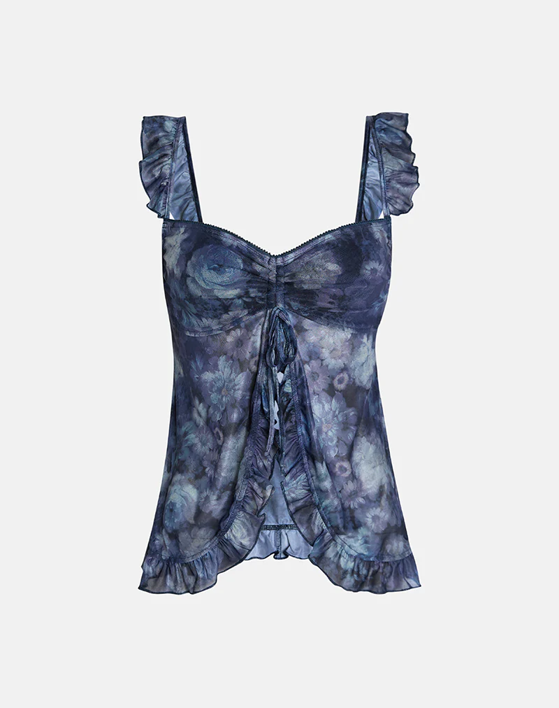 Jibola Top in Mesh Arty Flowers Dark Blue