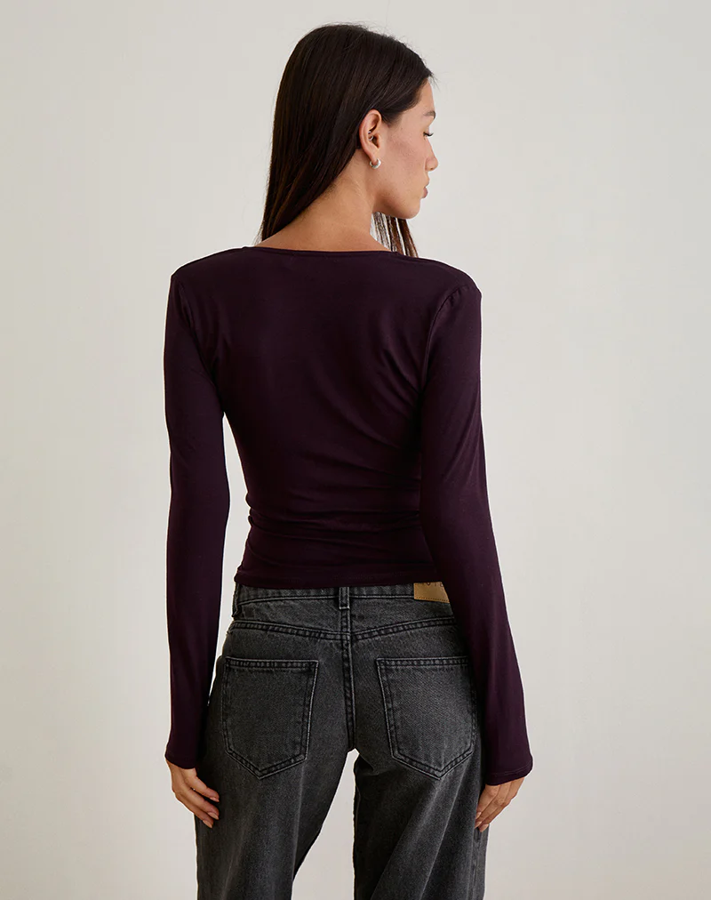 Aye Plunge Long Sleeve Top with Ruched Neck in Redwood