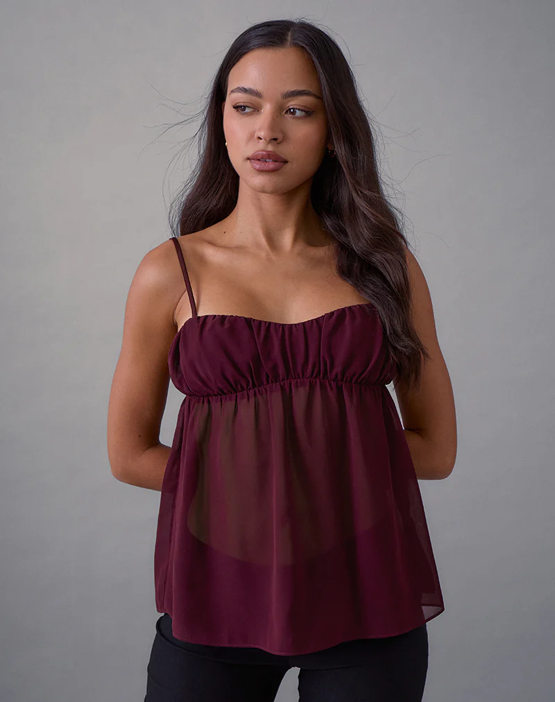 Camden Cami Top in Satin Chiffon Burgundy