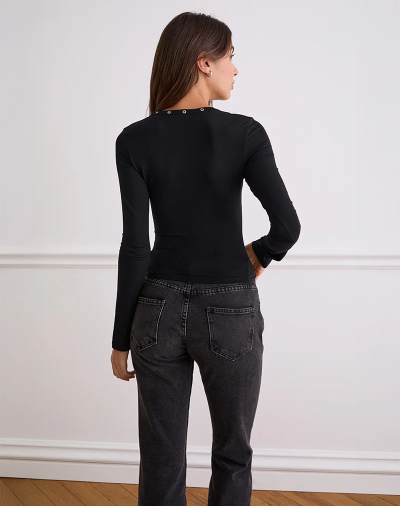 Myoga Studded Scoop Long Sleeve Top in Black