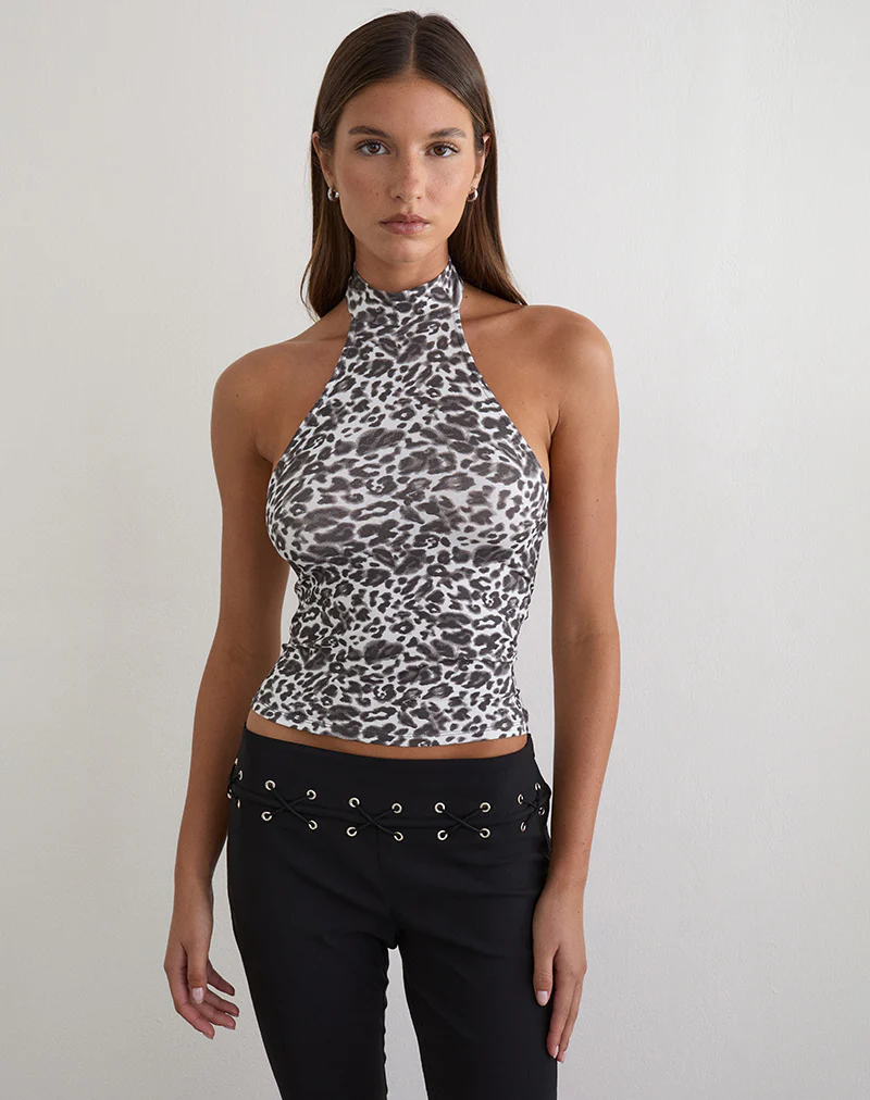 Galile High Neck Top in Jersey Blurry Leopard Grey