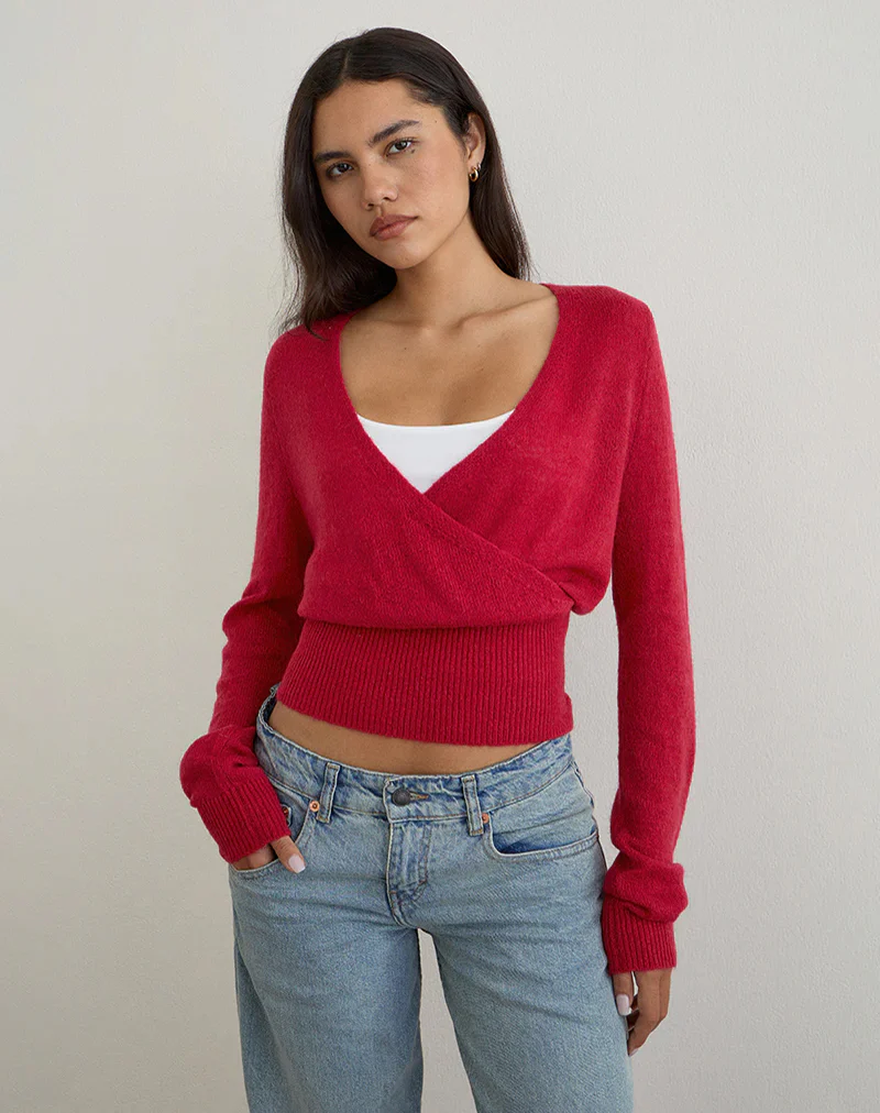 Nilza Wrap Top in Knit Red