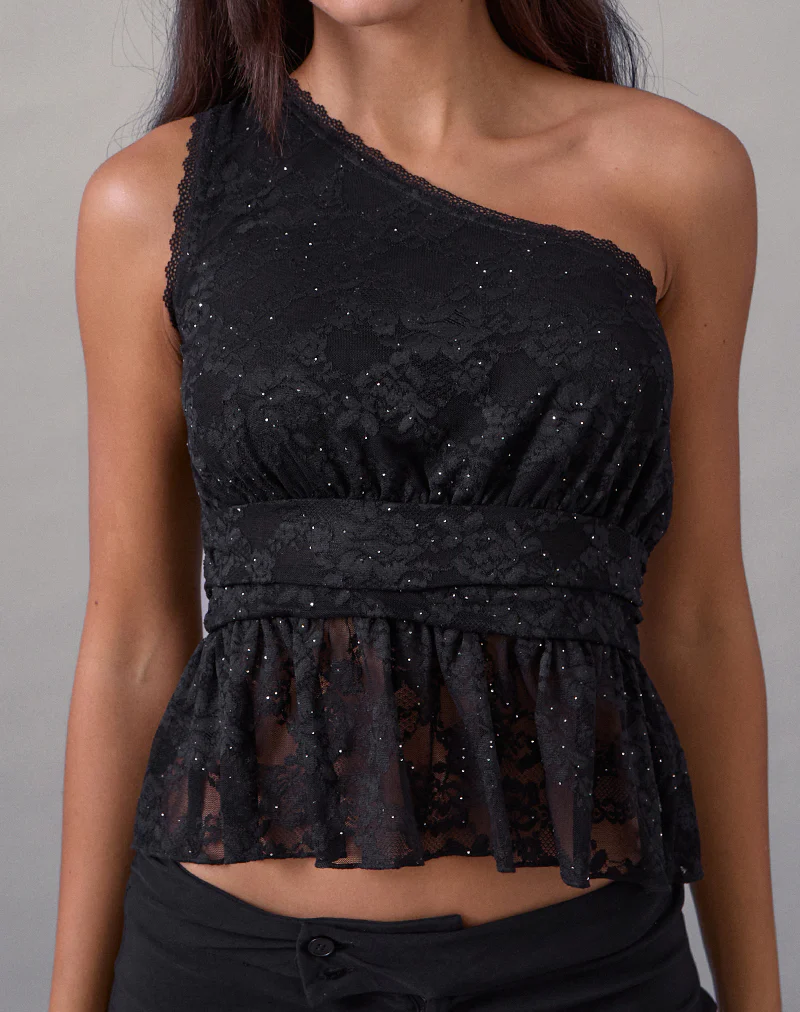 Sayong One Shoulder Top in Floral Lace Black