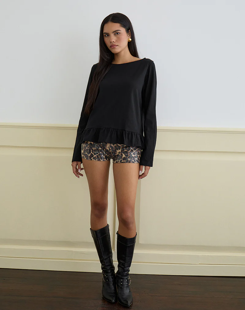 Vivala Boxy Long Sleeve Top in Black with Frill Hem