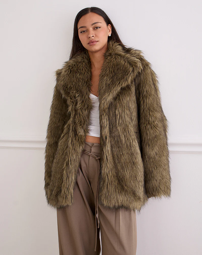 Lupita Jacket in Faux Long Fur Brown