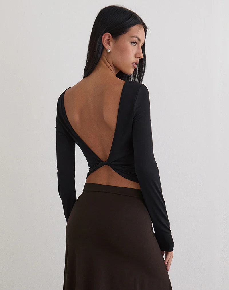 Diya Long Sleeve Twist Back Top in Cupro Black