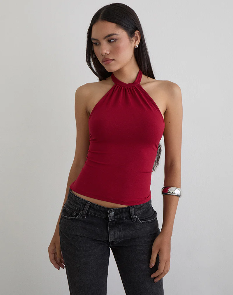 Raceline Halterneck Top in Rayon Jersey Adrenaline Red