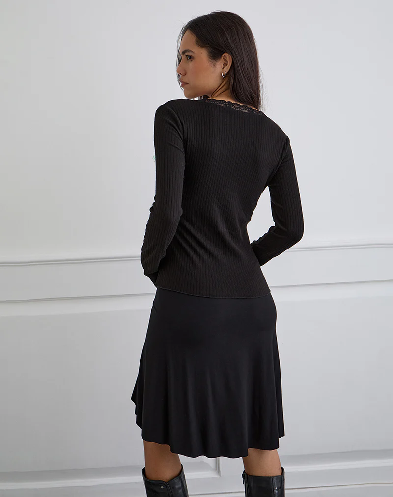 Maivi Long Sleeve Top in Black with Lace Trim