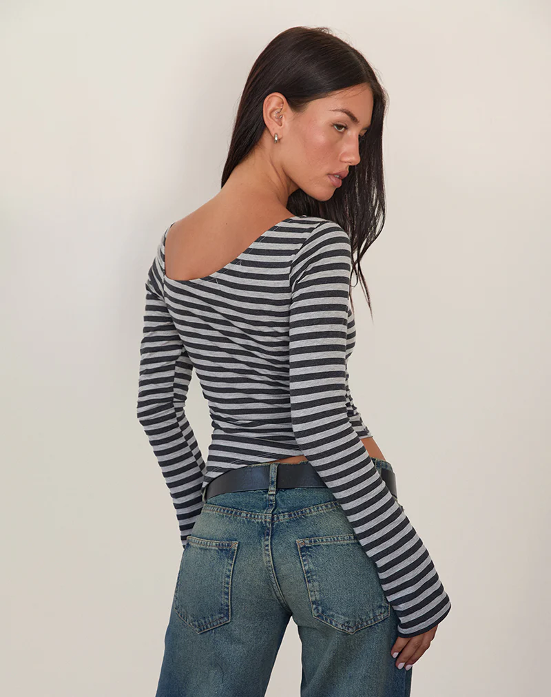 Dalene Asymmetric Long Sleeve Top in Grey and Black Stripe