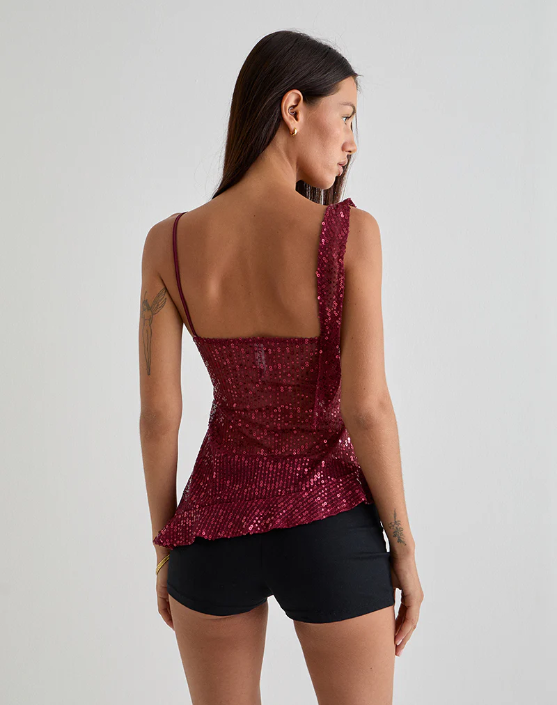 Iranila Asymmetric Top in Gauzy Sequin Red