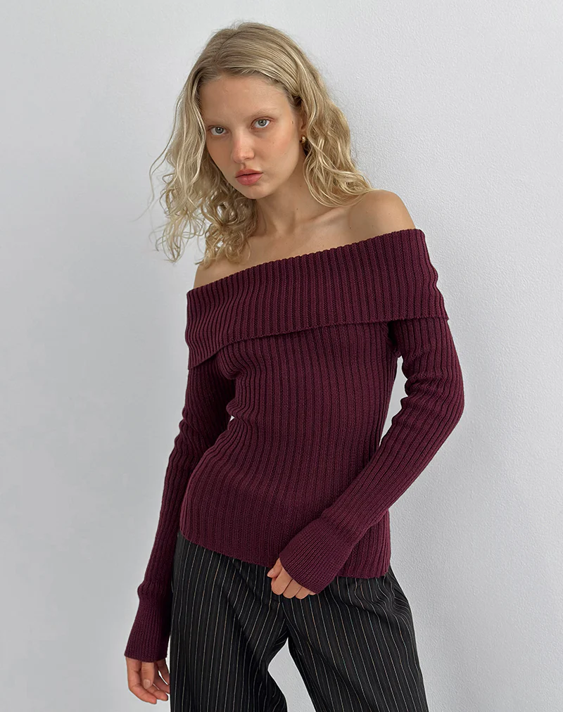 Saskia Bardot Bow Back Top in Dark Cherry