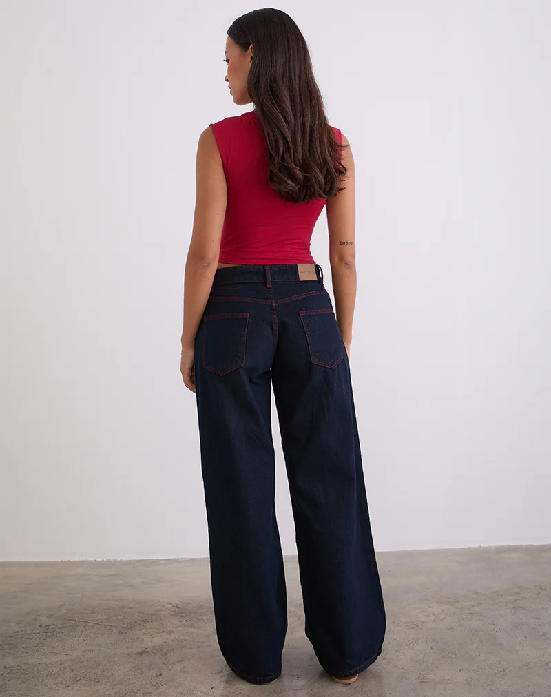 Low Rise Roomy Jeans in Indigo with Red Stitch