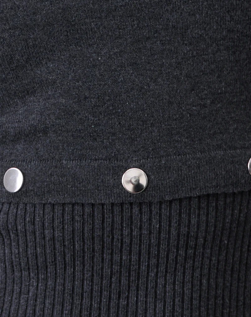 Josa Long Sleeve Knit Top in Dark Charcoal with Studs