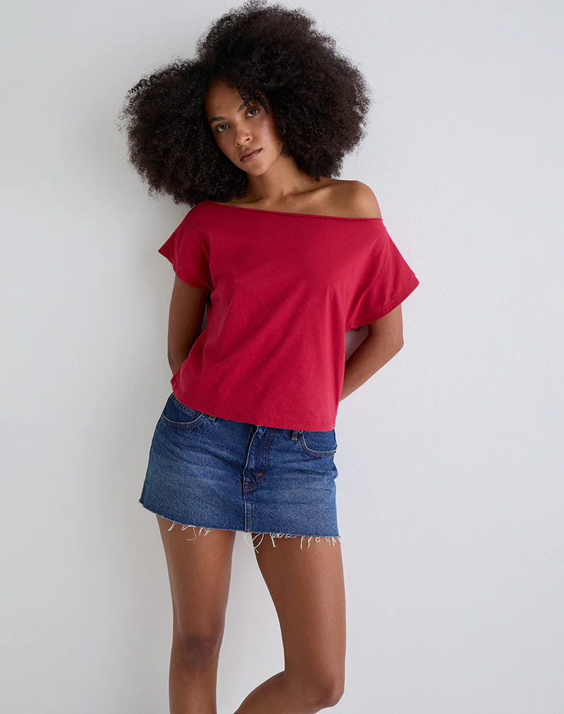 Balia Asymmetric Short Sleeve Basic Top in Adrenaline Red