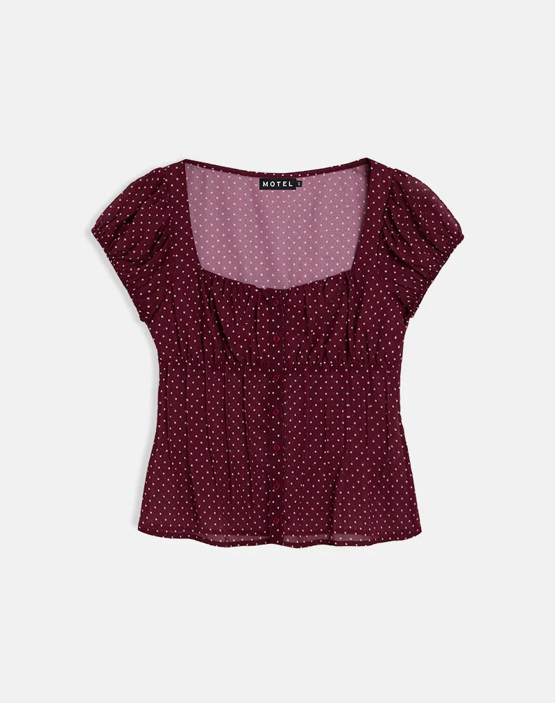 Rolina Blouse in Chiffon Mini Polka Burgundy