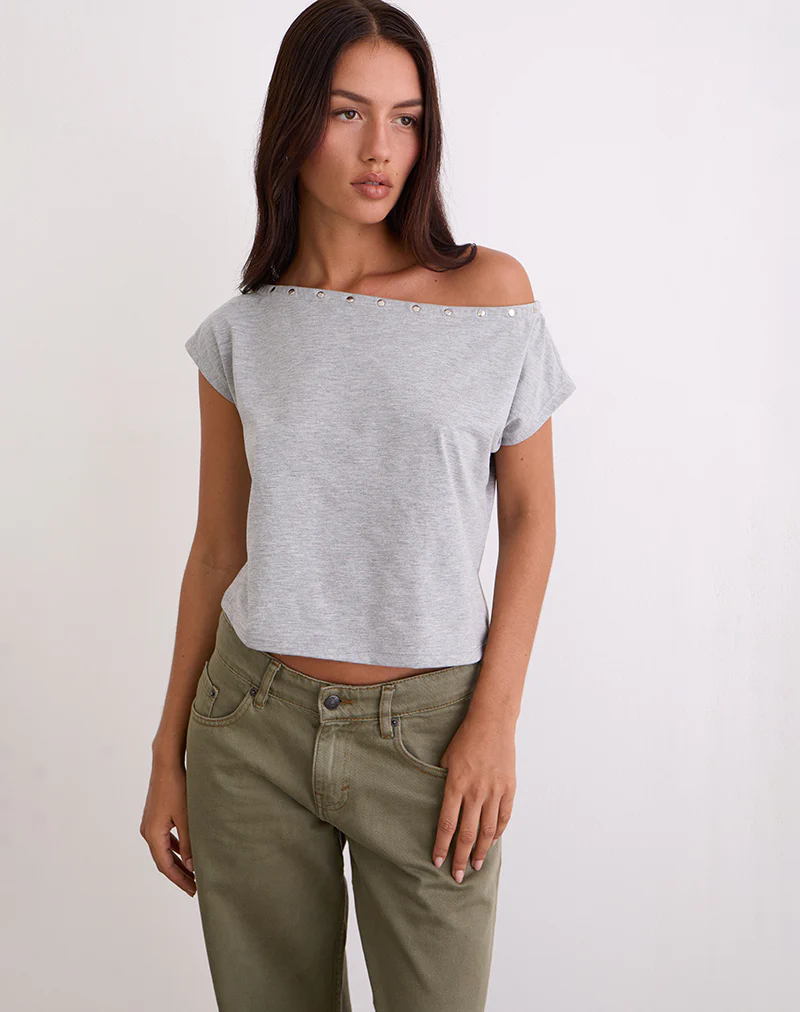 Bizzy Top with Studded Neckline in Grey Marl