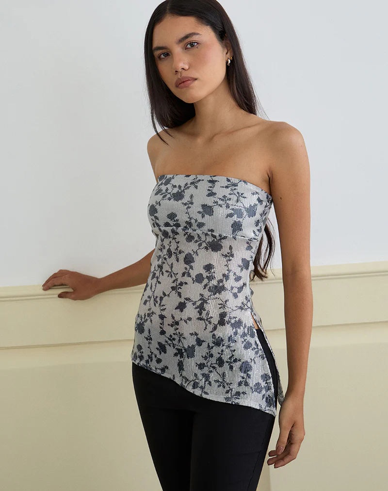 Brilia Bandeau Top in Sequin Flower Grey