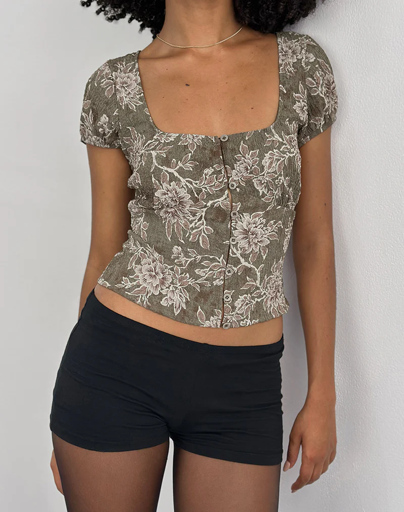 Yakova Blouse in Woven Floral Green
