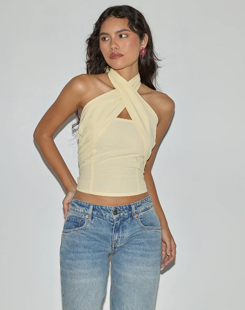 Lasy Linen Wrap Halterneck Top in Lemon