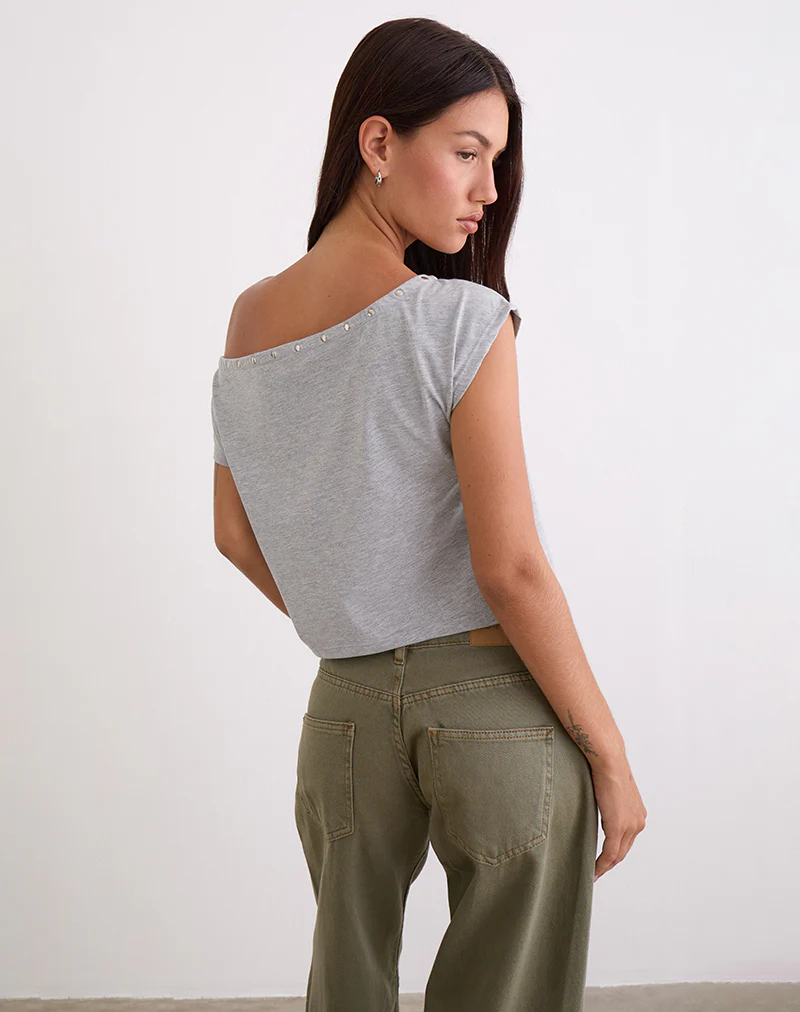 Bizzy Top with Studded Neckline in Grey Marl