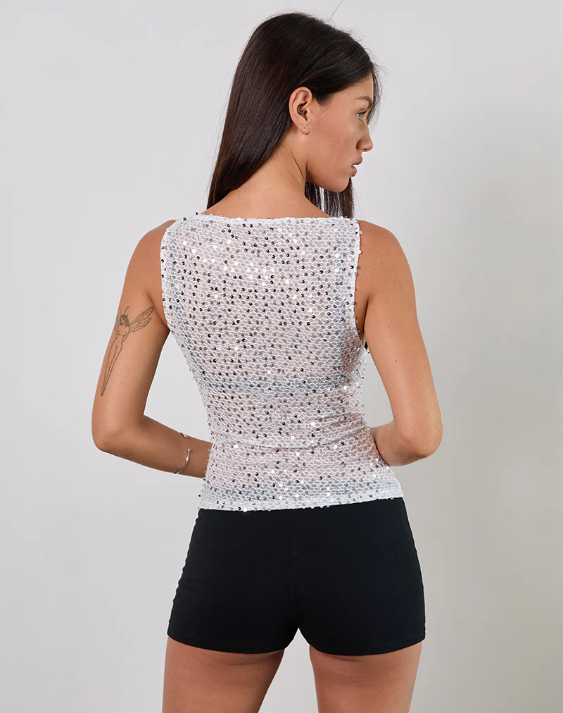 Dudley Vest Top in Sequin Knit Silver