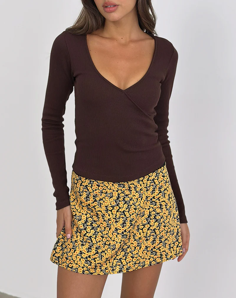 Dulcet Ribbed Plunge Top in Chocolate Brown