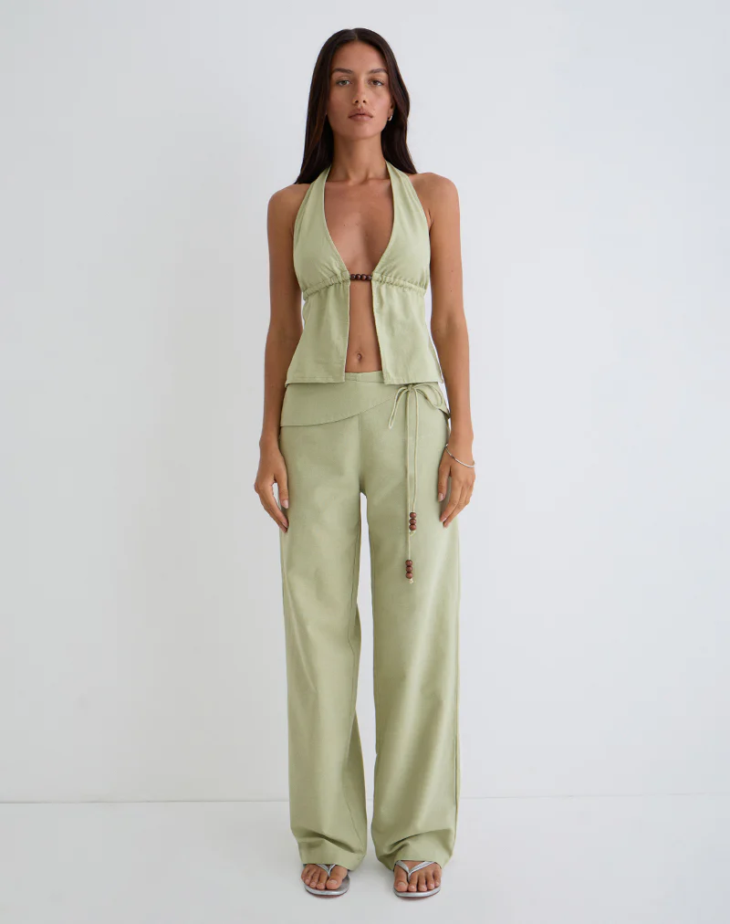 Syrma Backless Halter Top in Linen Sage Green