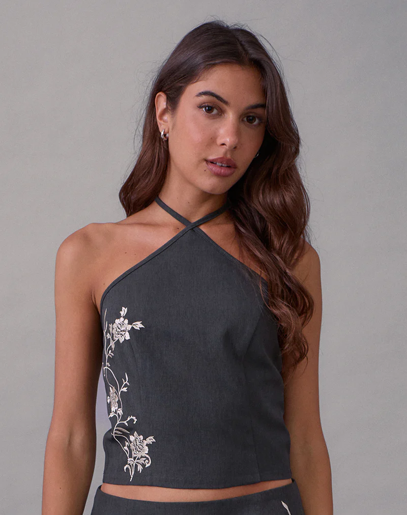 Novin Top in Vine Flower Embroidered Dark Charcoal