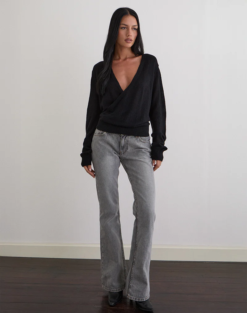 Saroya Plunge Wrap Top in Knit Black