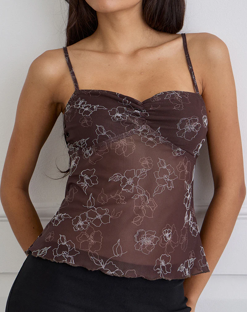 Fierza Cami Top in Doodle Flower Flock Brown