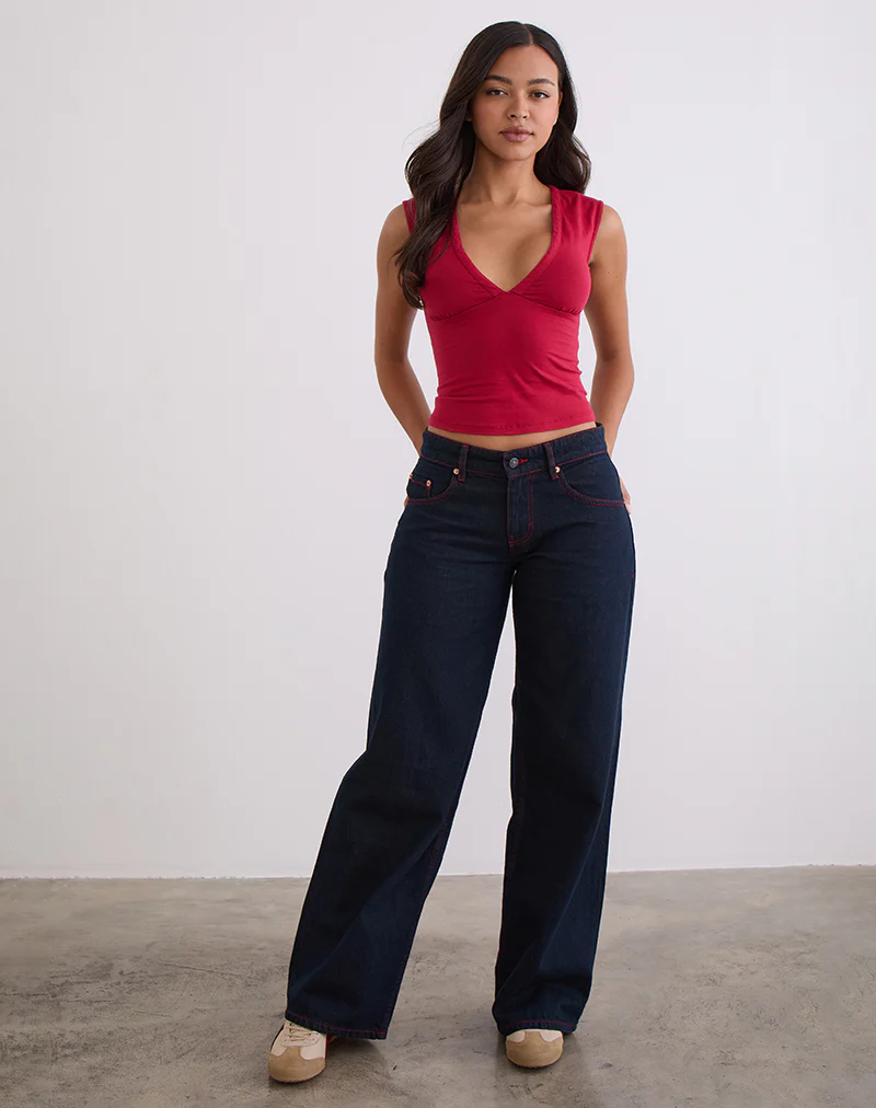 Low Rise Roomy Jeans in Indigo with Red Stitch