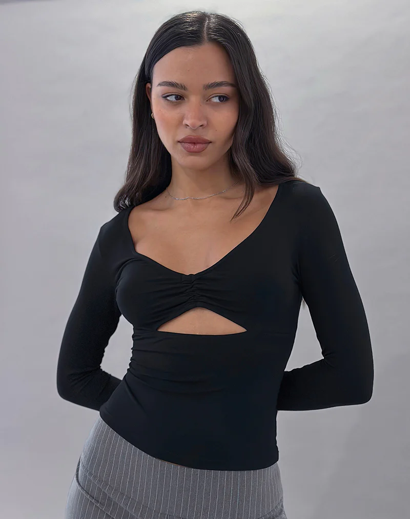 Nyala Long Sleeve Cutout Top in Rayon Jersey Black