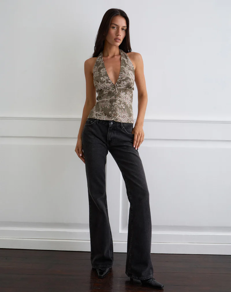 Mabli Halterneck Top in Textured Woven Floral Green