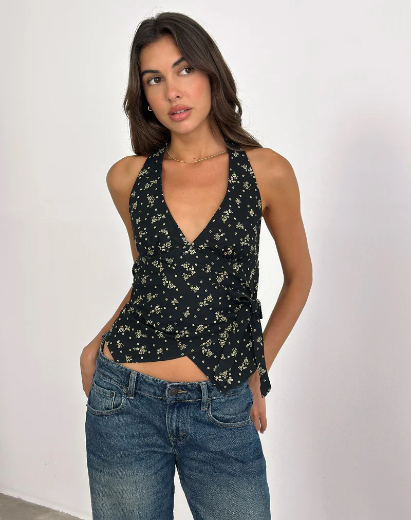 Yung Halterneck Wrap Top in Floral Land Black