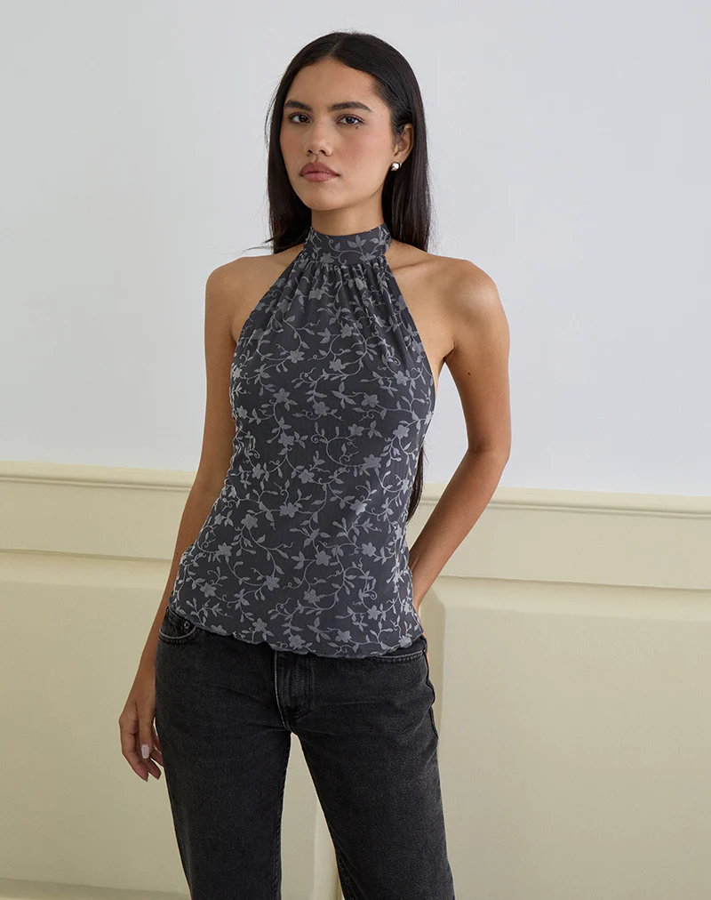 Burkie Halterneck Top in Pretty Petal Flock Dark Grey