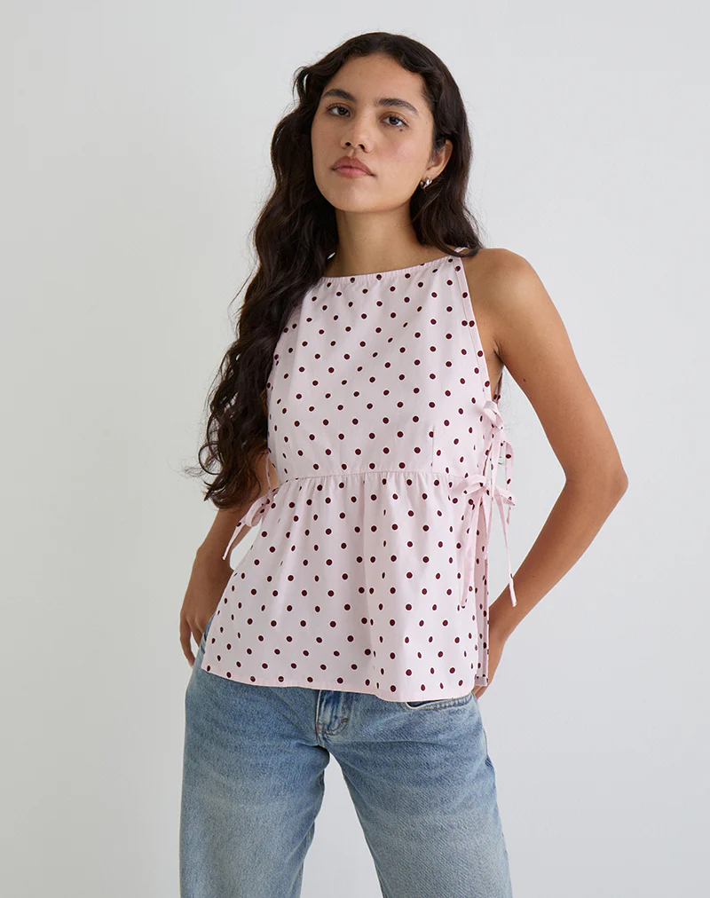 Palsi Tie Side Top in Pink with Medium Polka Red