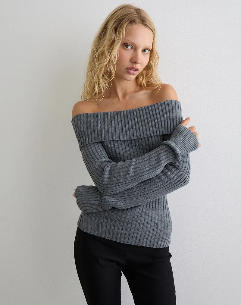 Circe Knitted Bardot Top in Grey