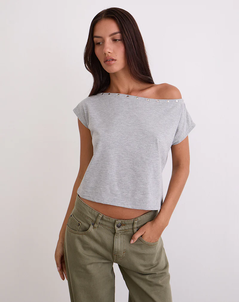 Bizzy Top with Studded Neckline in Grey Marl