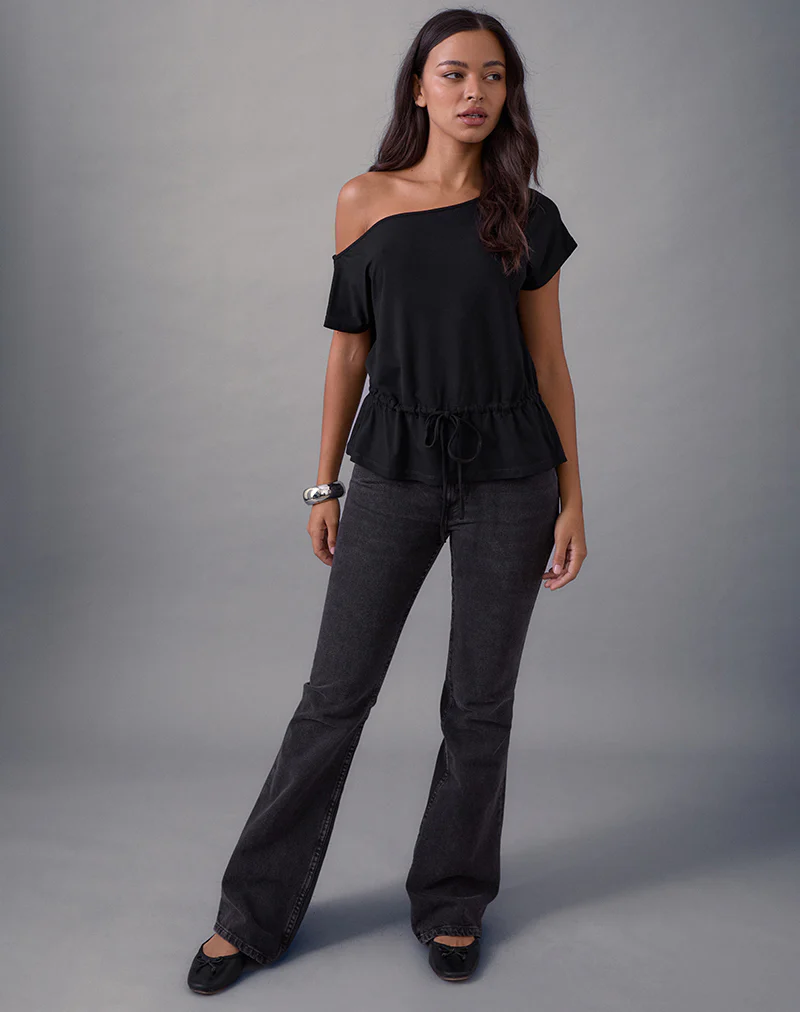 Sika One Shoulder Top in Black with Tie Belt