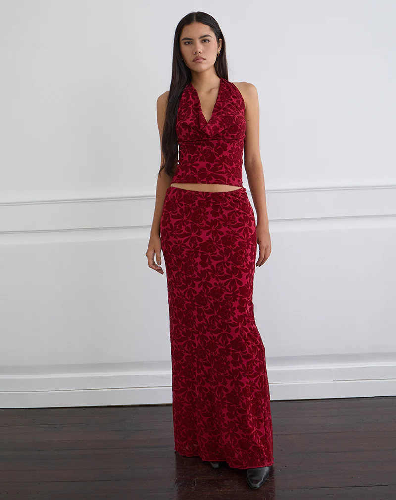 Clandy Cowl Top in Flocked Mesh Flower Cherry